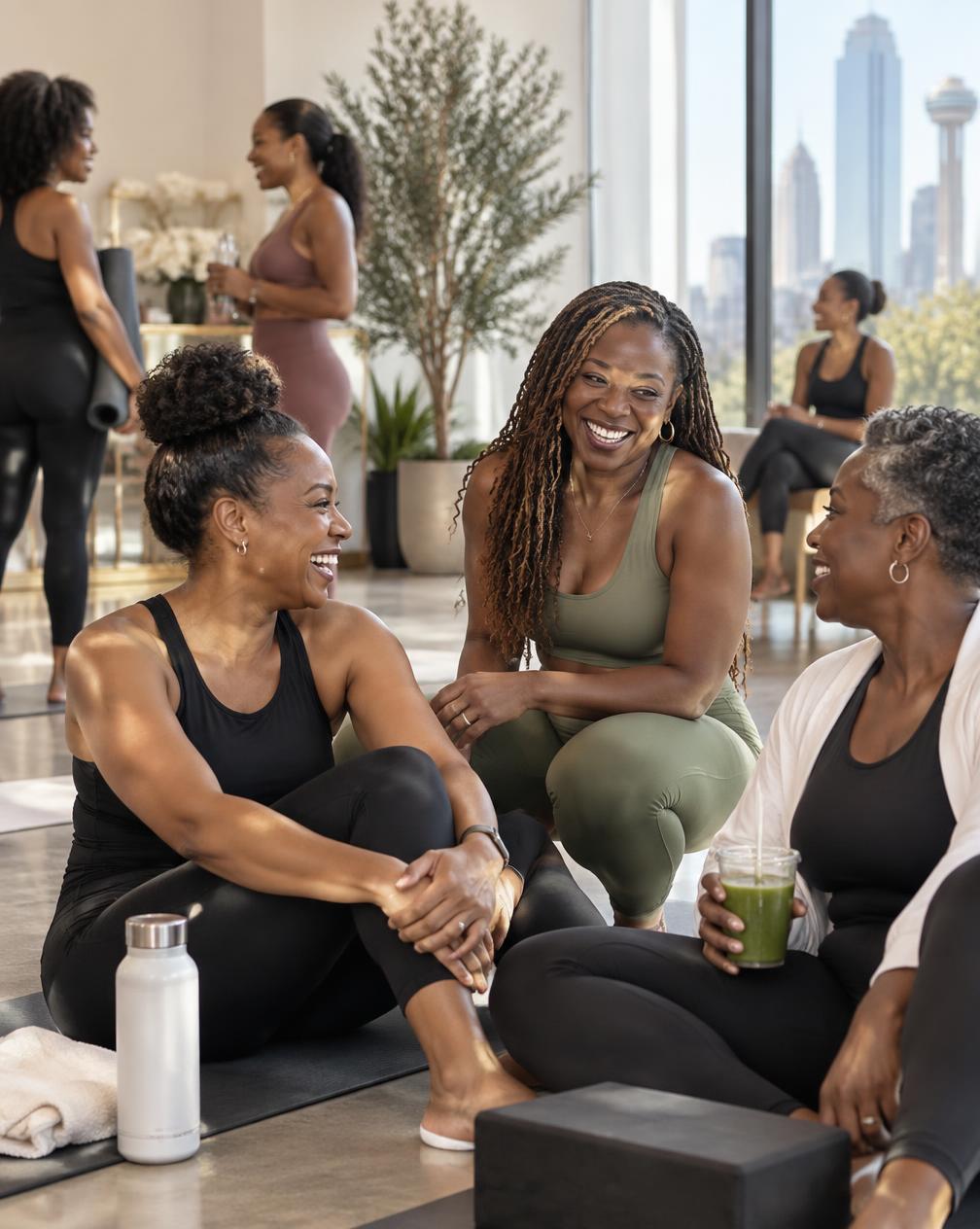 Women stretching together in a bright wellness studio