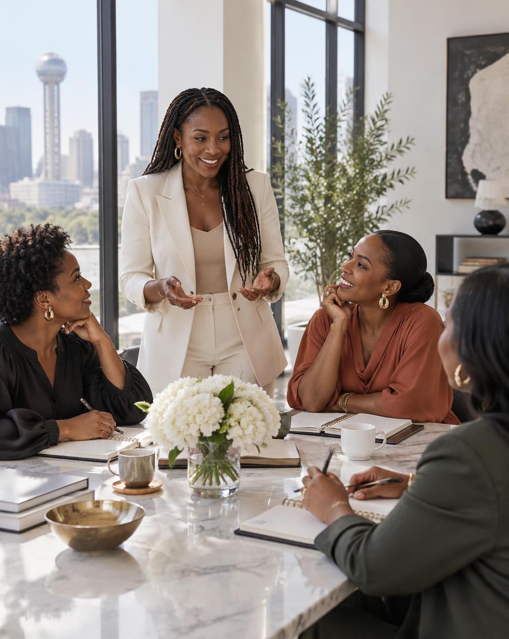 Women in conversation around a workshop table